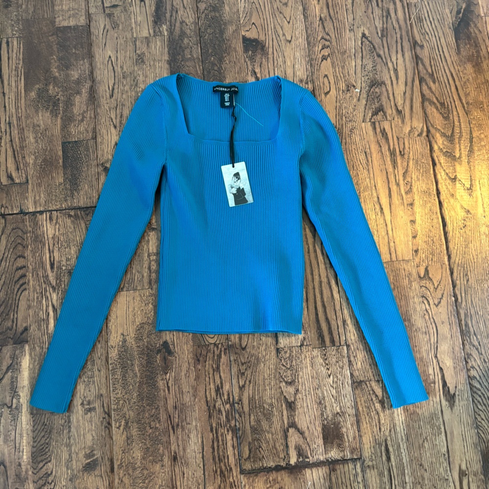 Sincerely Jules blueish green ribbed square neck long sleeve top